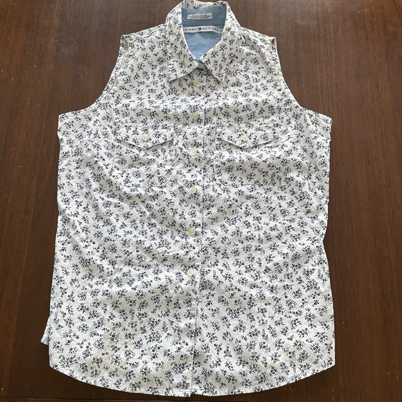 Tommy Hilfiger Women's Sleeveless Popover Top Size 10 White Black Floral Collar - Picture 2 of 6